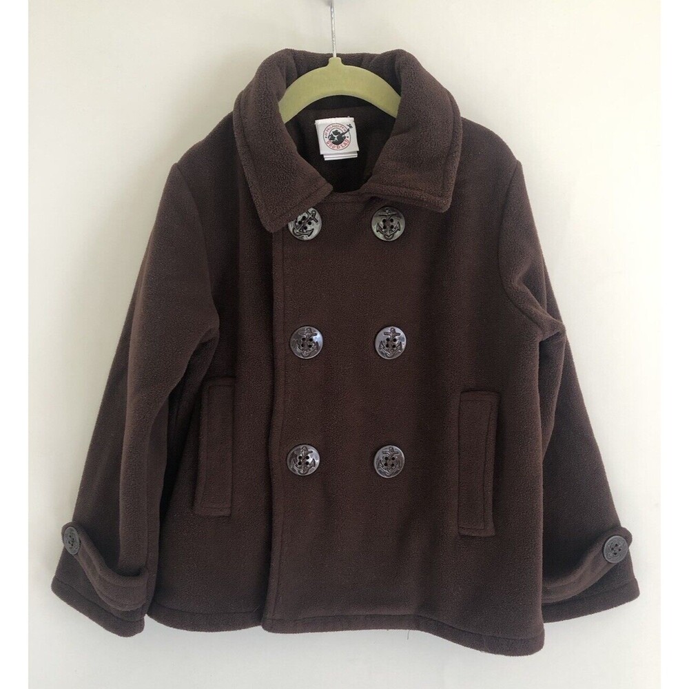 Good Lad Jacket Boy's Fleece Pea Coat Brown Anchor Buttons  Size 6  GUC